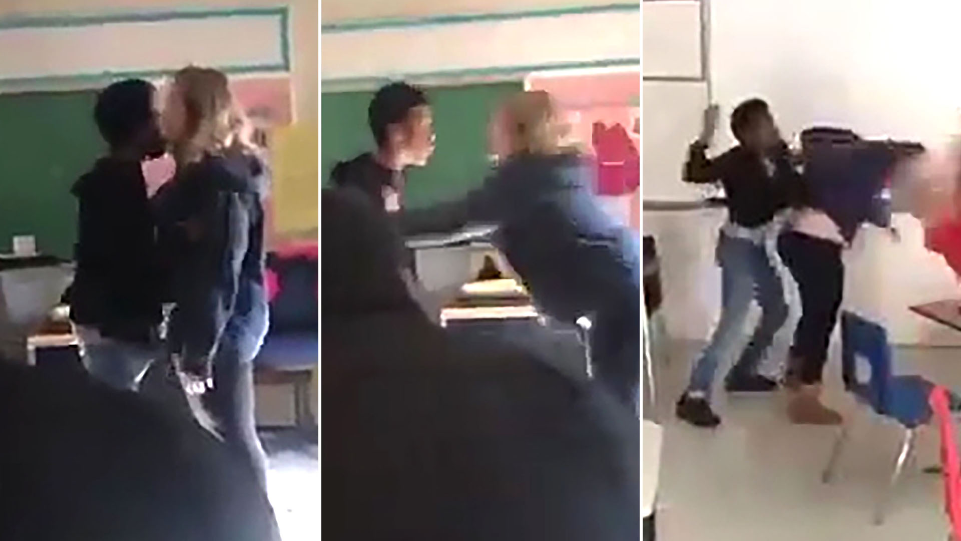 Las terribles imágenes de un alumno peleando a los puños con su maestra en  el salón de clases